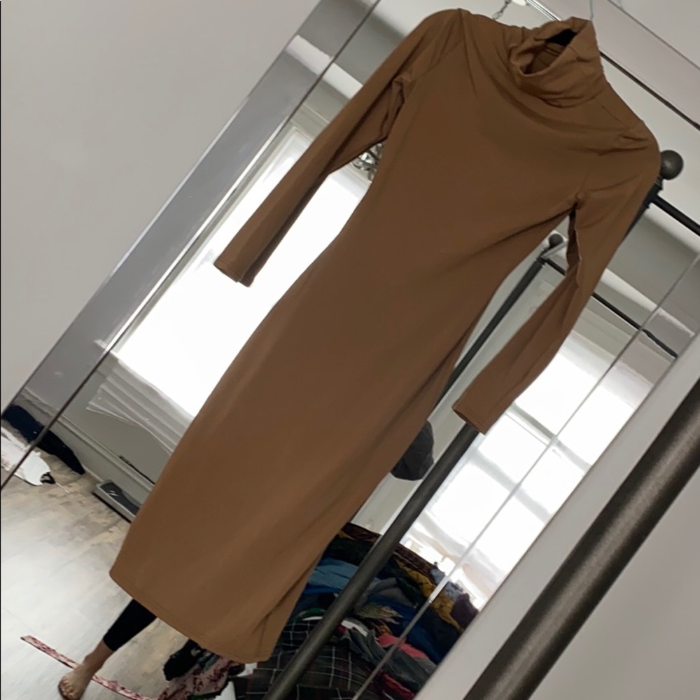 Midi tan mock neck dress